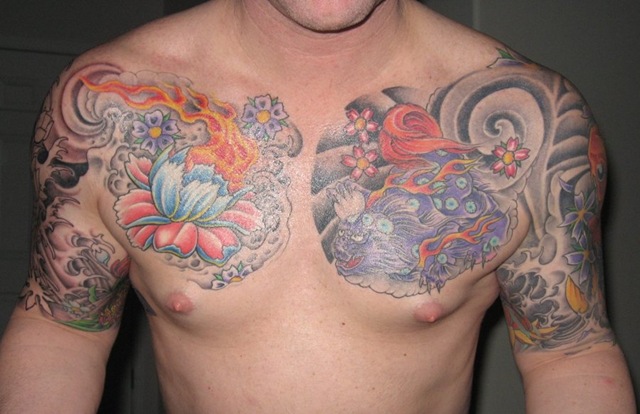 Looking for unique Flower tattoos Tattoos? straight edge chest piece. Fu Dog 