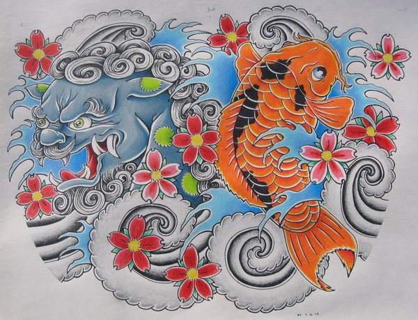 A color japanese koi carp tattoo by thai tattoo studio, pattaya